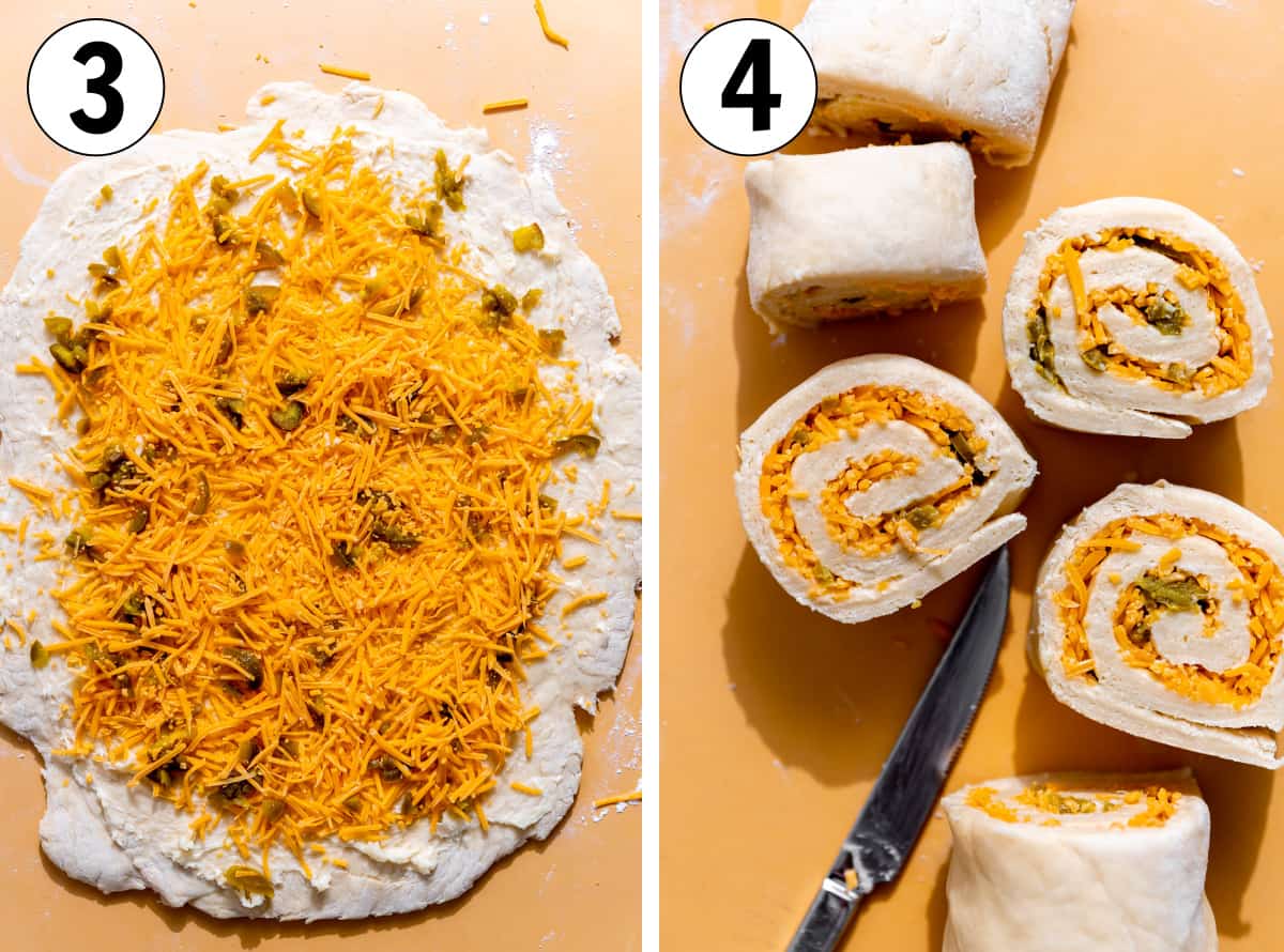 Brioche dough pressed out into a rectangle, topped with honey butter, cheese and diced jalapeno. Then rolled into a log shape and sliced into rolls. 