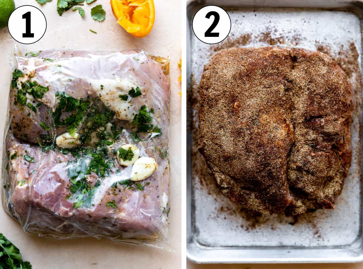 How to make smoked carnitas, showing marinating a pork butt and then rubbing with a dry rub before cooking.