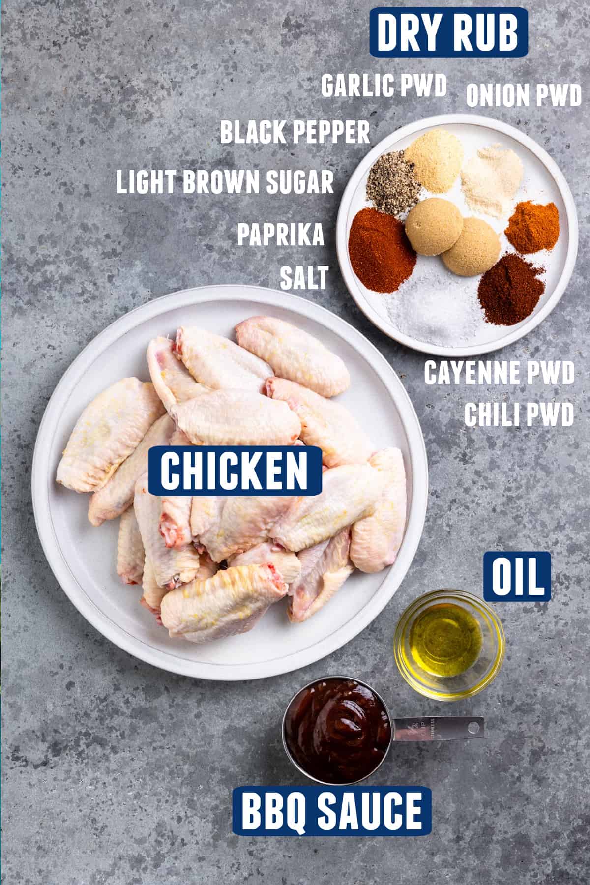 Ingredients needed to make smoked chicken wings laid out on the counter. 