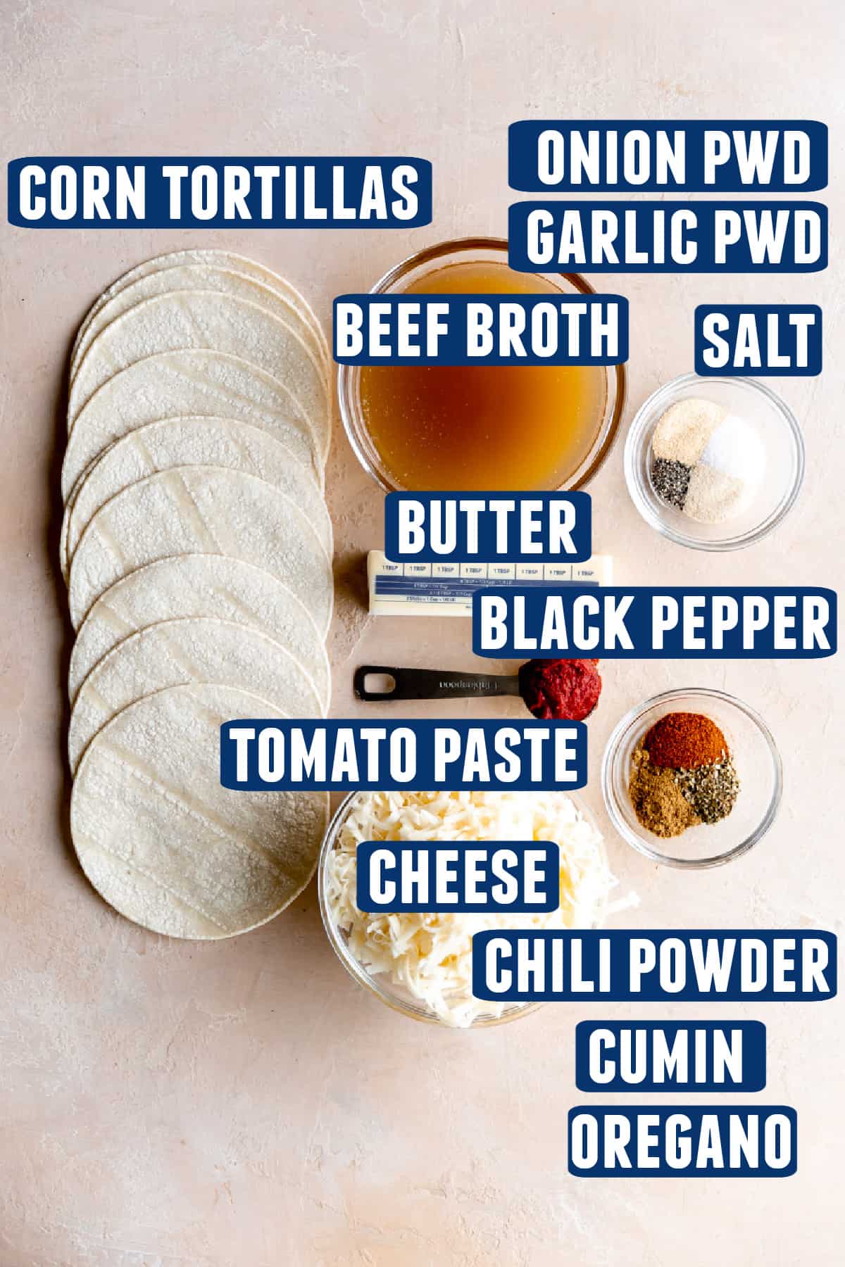 Ingredients needed to make Tex Mex enchiladas laid out on the counter.