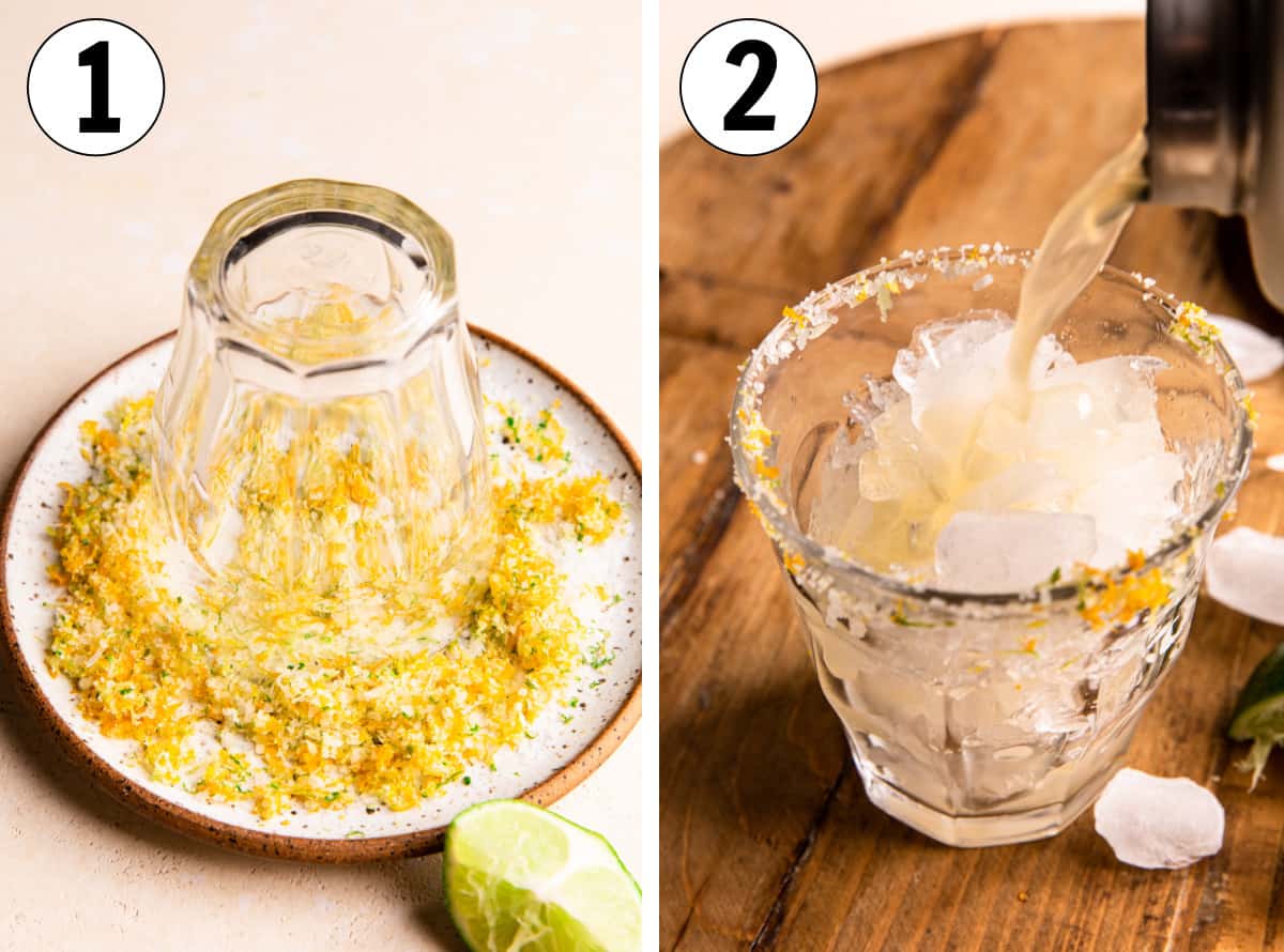 How to make Texas margaritas, showing dipping glass into margarita salt with lime and orange zest and pouring drink into glass with ice. 