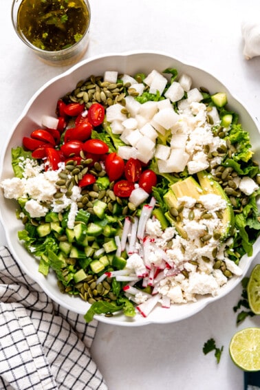 White bowl filled with chopped romaine lettuce topped with tomato, avocado, radishes, cucumber, cotija and pepitas.