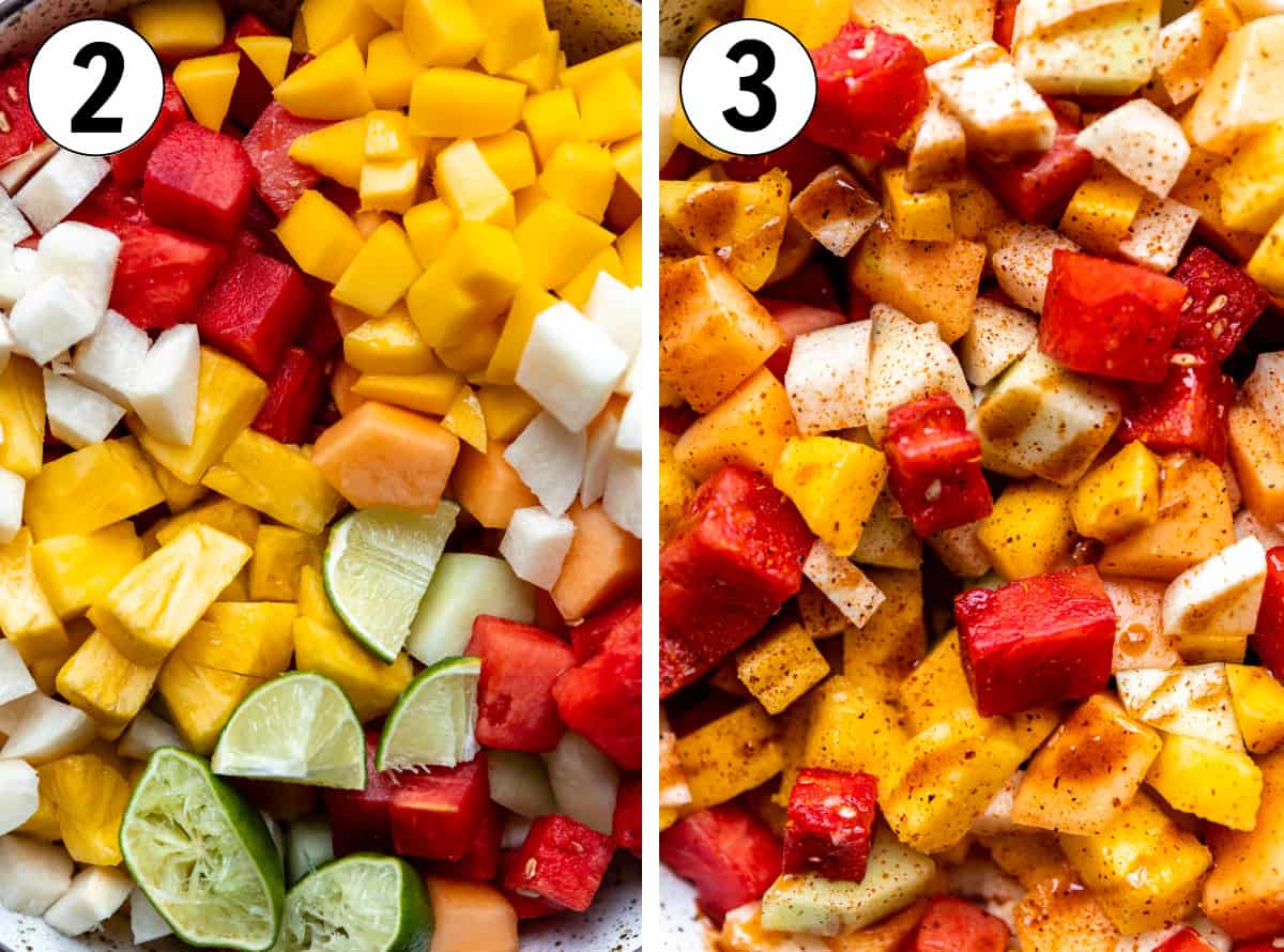 Chopped up fruit topped with lime wedges, then second picture showing fruit after being sprinkled with tajin and drizzled with chamoy sauce.