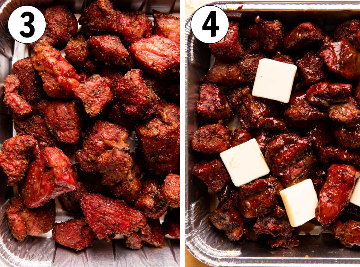 Aluminum tin filled with chopped chuck roast that has been smoked, then pads of butter added on top with honey and bbq sauce to braise.