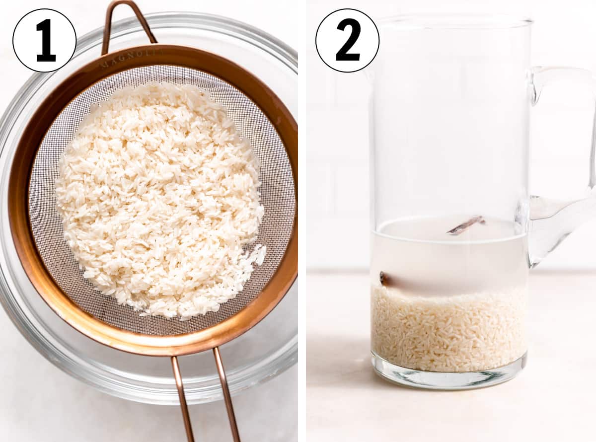 Rice being rinsed in a fine mesh strainer. Then soaking in pitcher with water, cinnamon, and cloves.