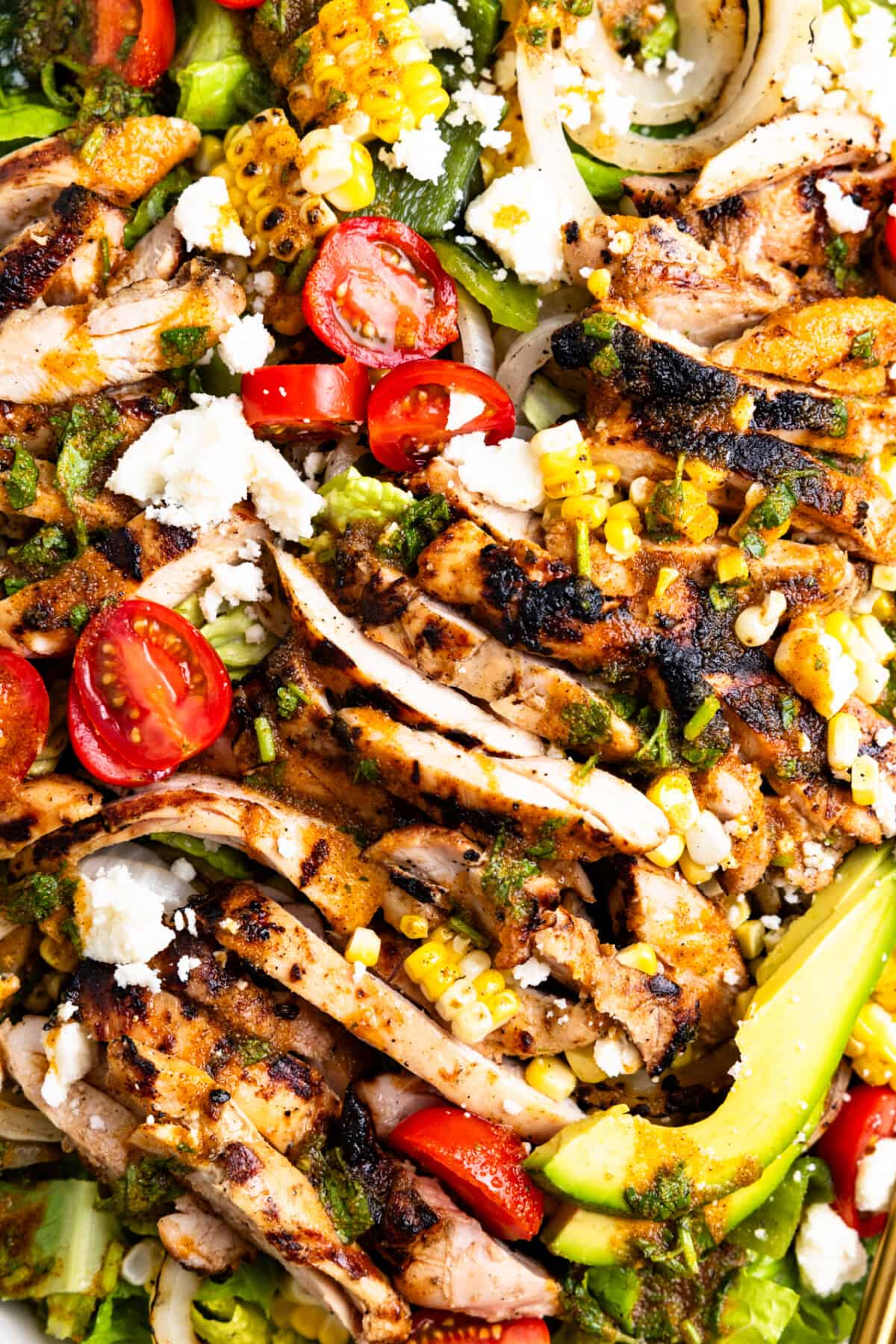 Up close view of grilled chicken sliced on a salad. 