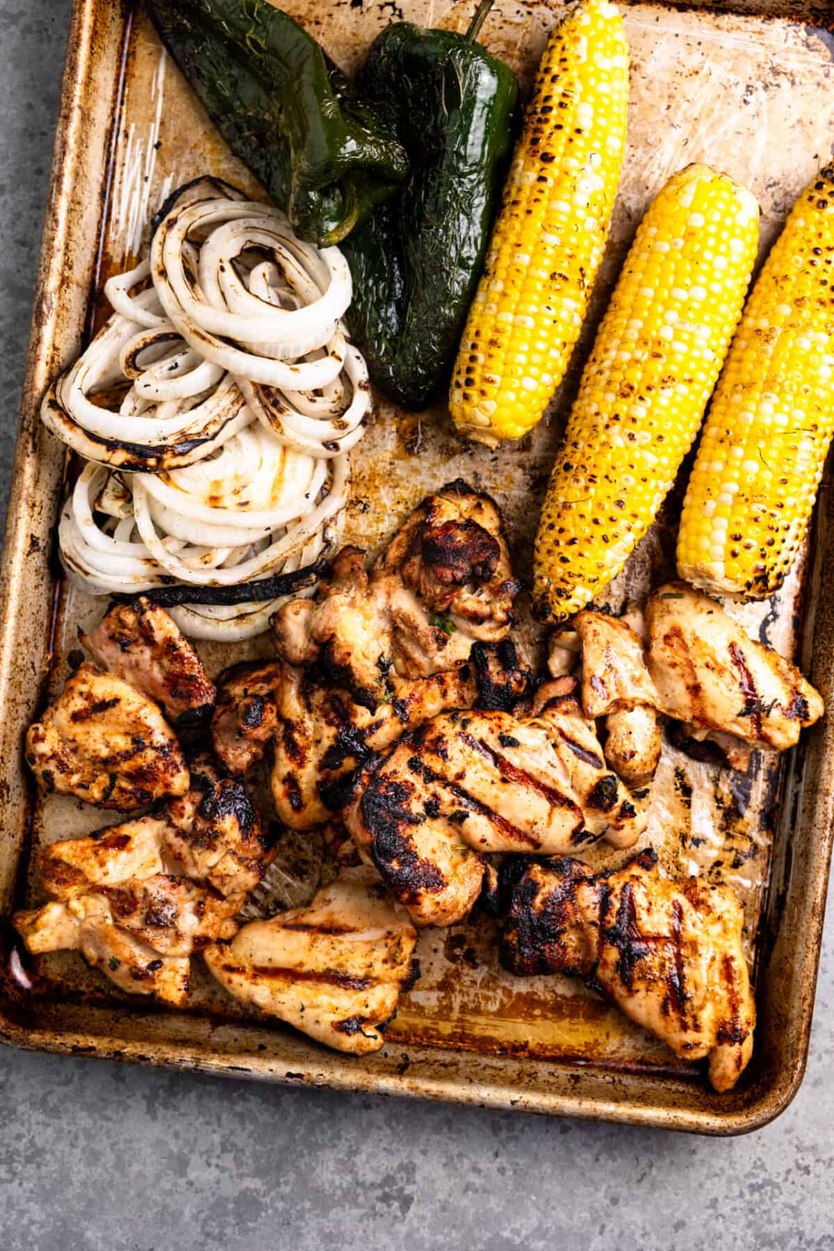 Grilled vegetables on a baking sheet. 