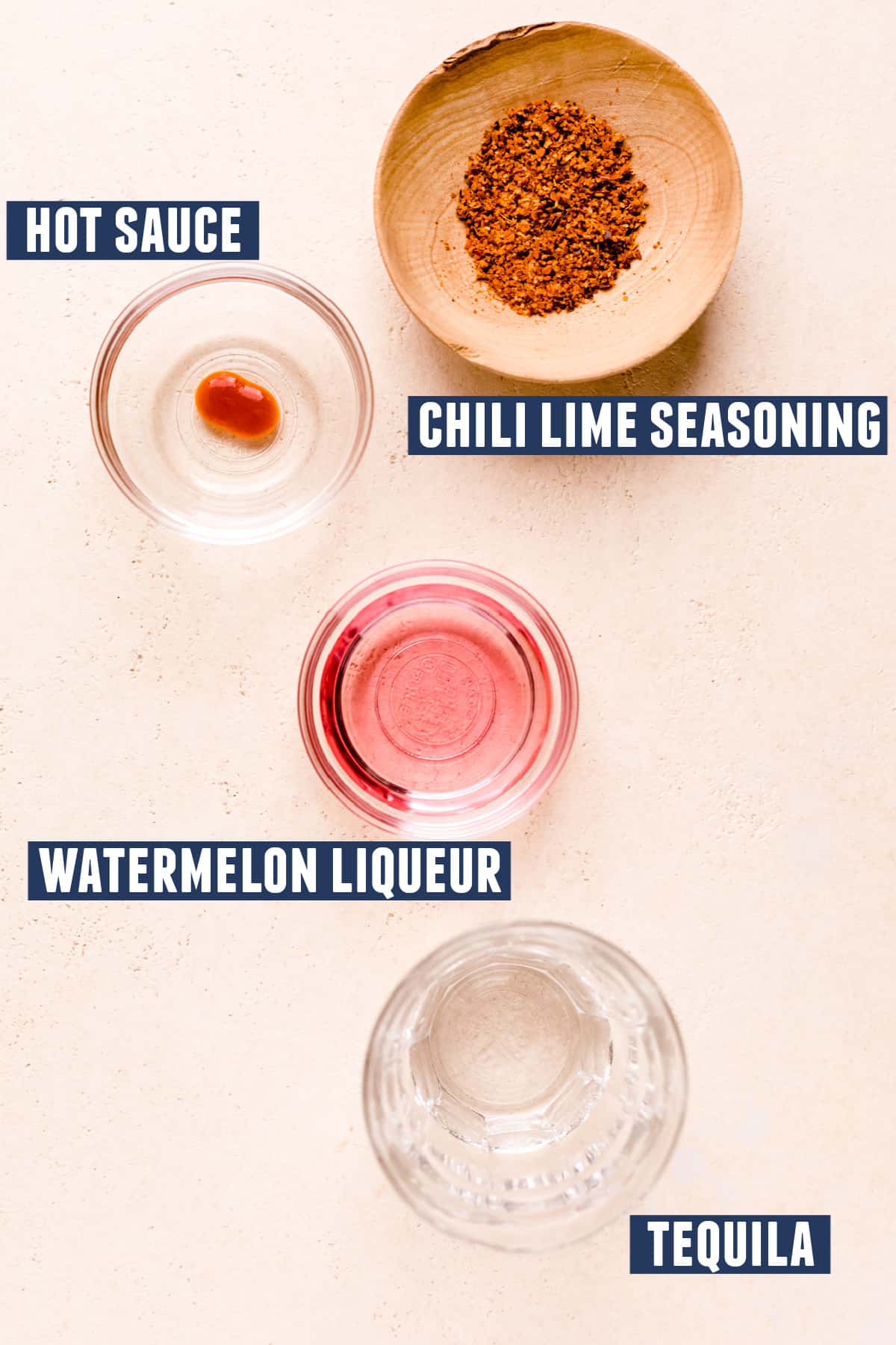 Ingredients needed to make a Mexican Candy shot laid on the counter. 