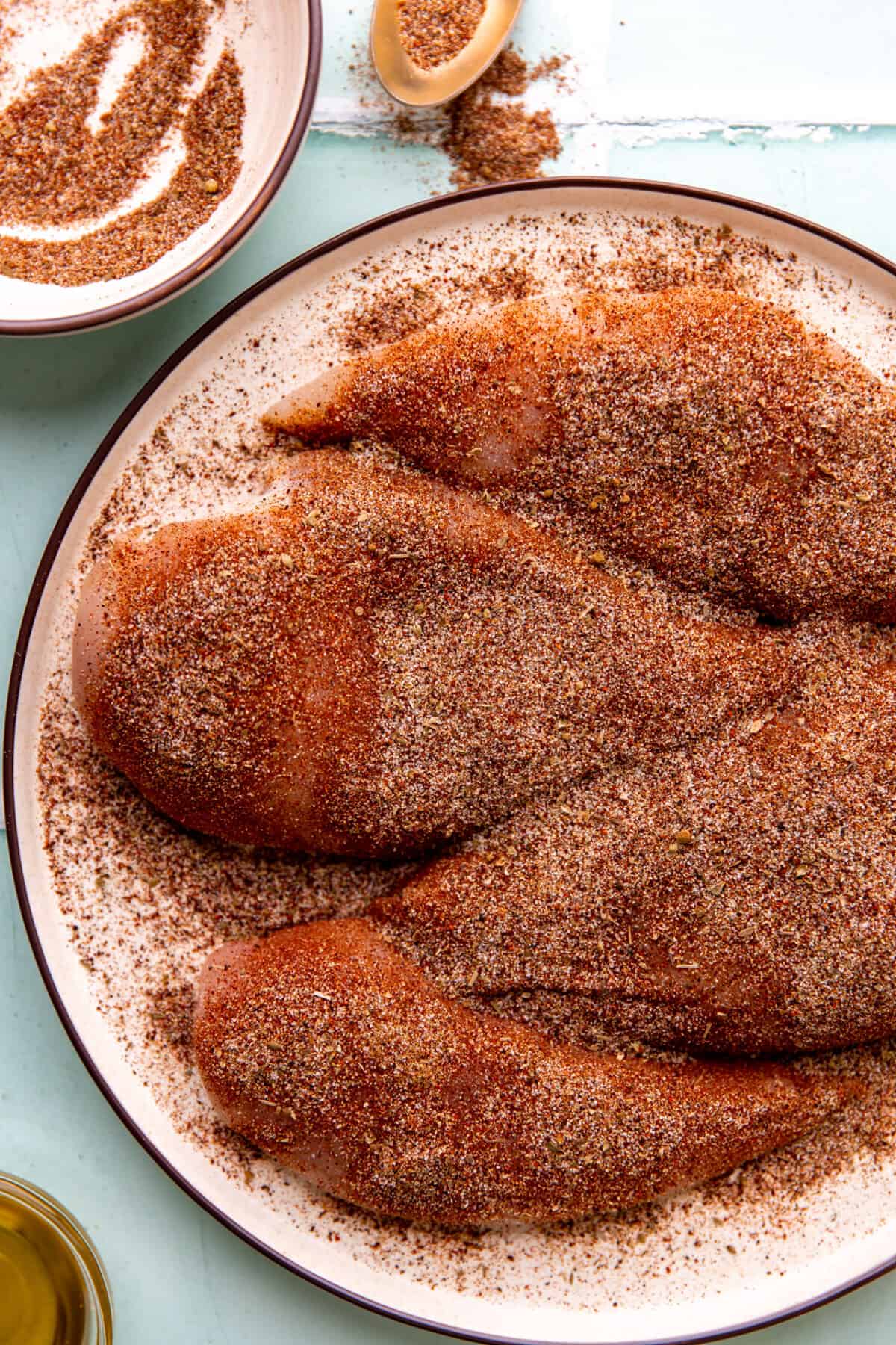 Chicken breasts coated with a homemade chicken taco seasoning blend.
