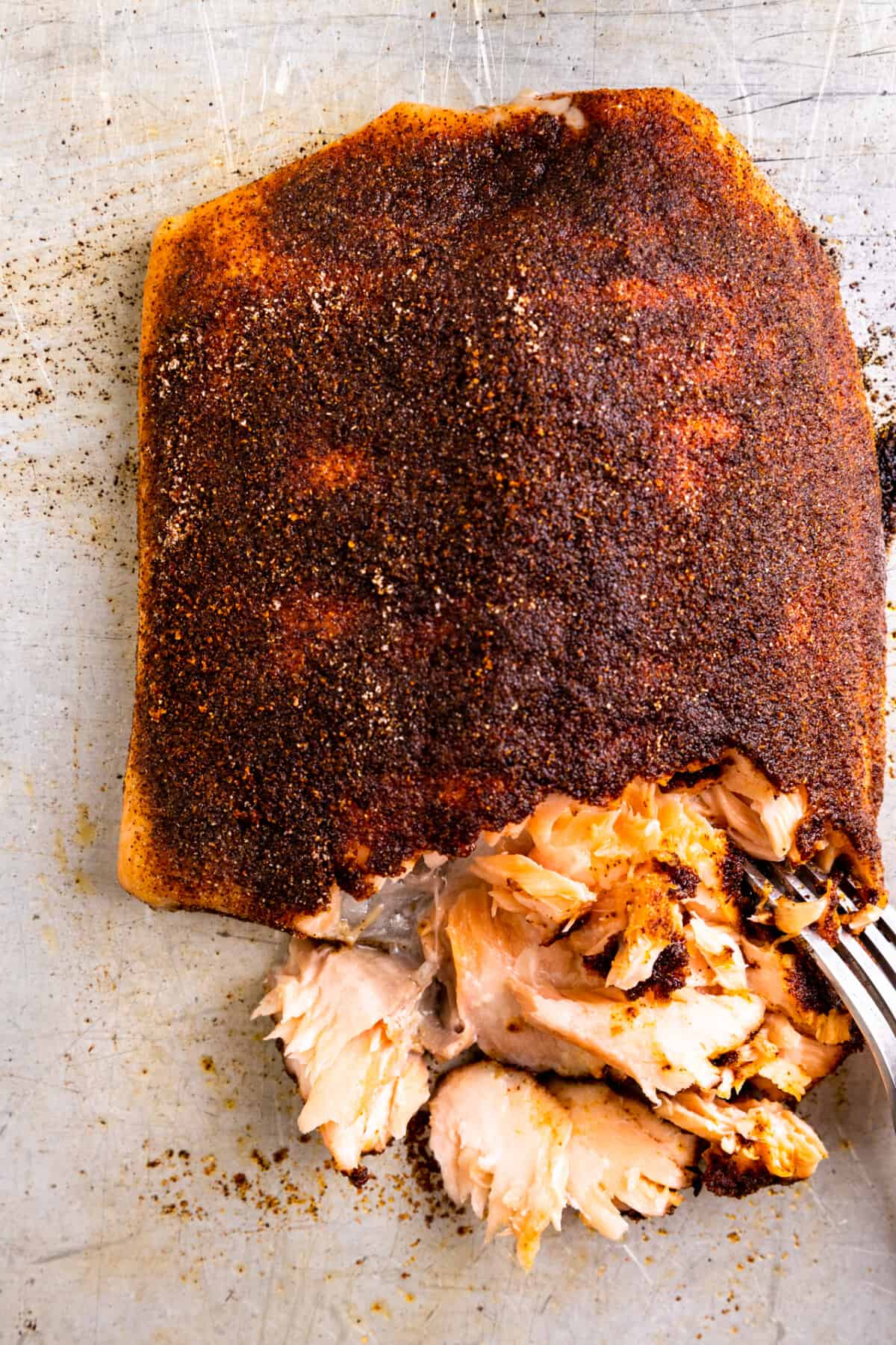 Baked salmon fillet with homemade seasoning being flaked with a fork for tacos.