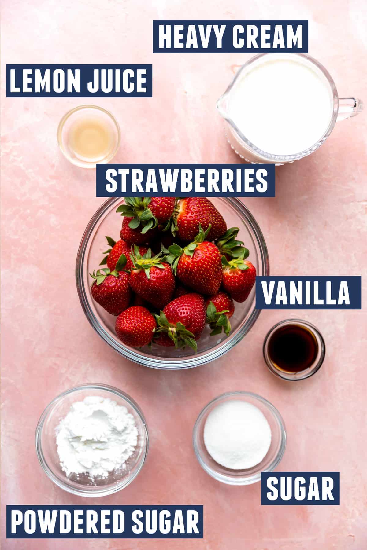 Ingredients needed to make strawberry shortcake laid on the counter.