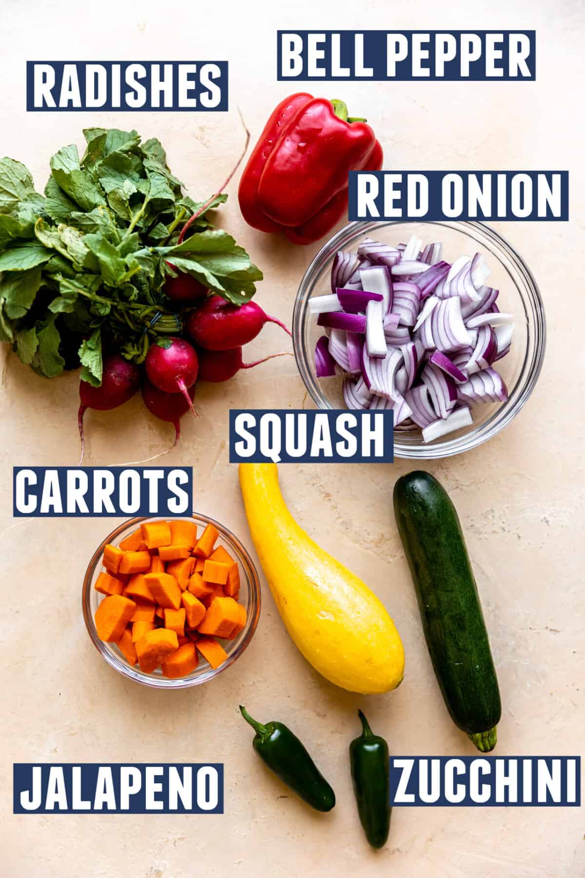 Vegetables for roasted mexican vegetables laid out on the counter.