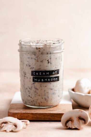 Jar of homemade cream of mushroom soup.