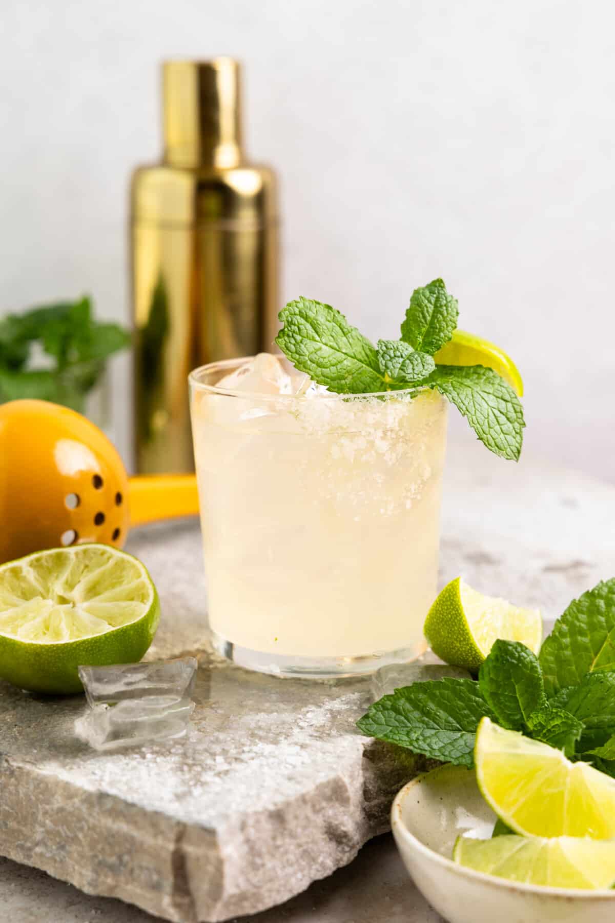 Glass filled with margarita and garnished with mint leaves. 