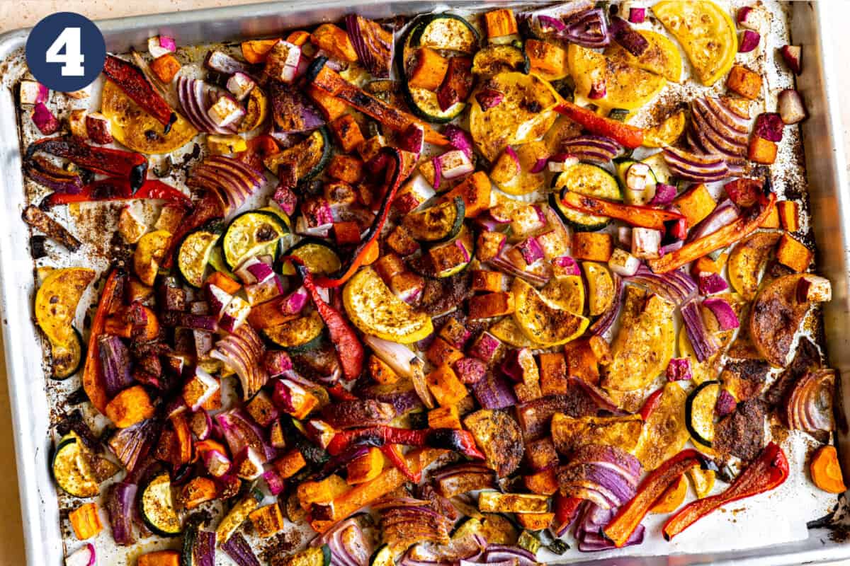 Roasted mexican vegetables on a sheet pan. 