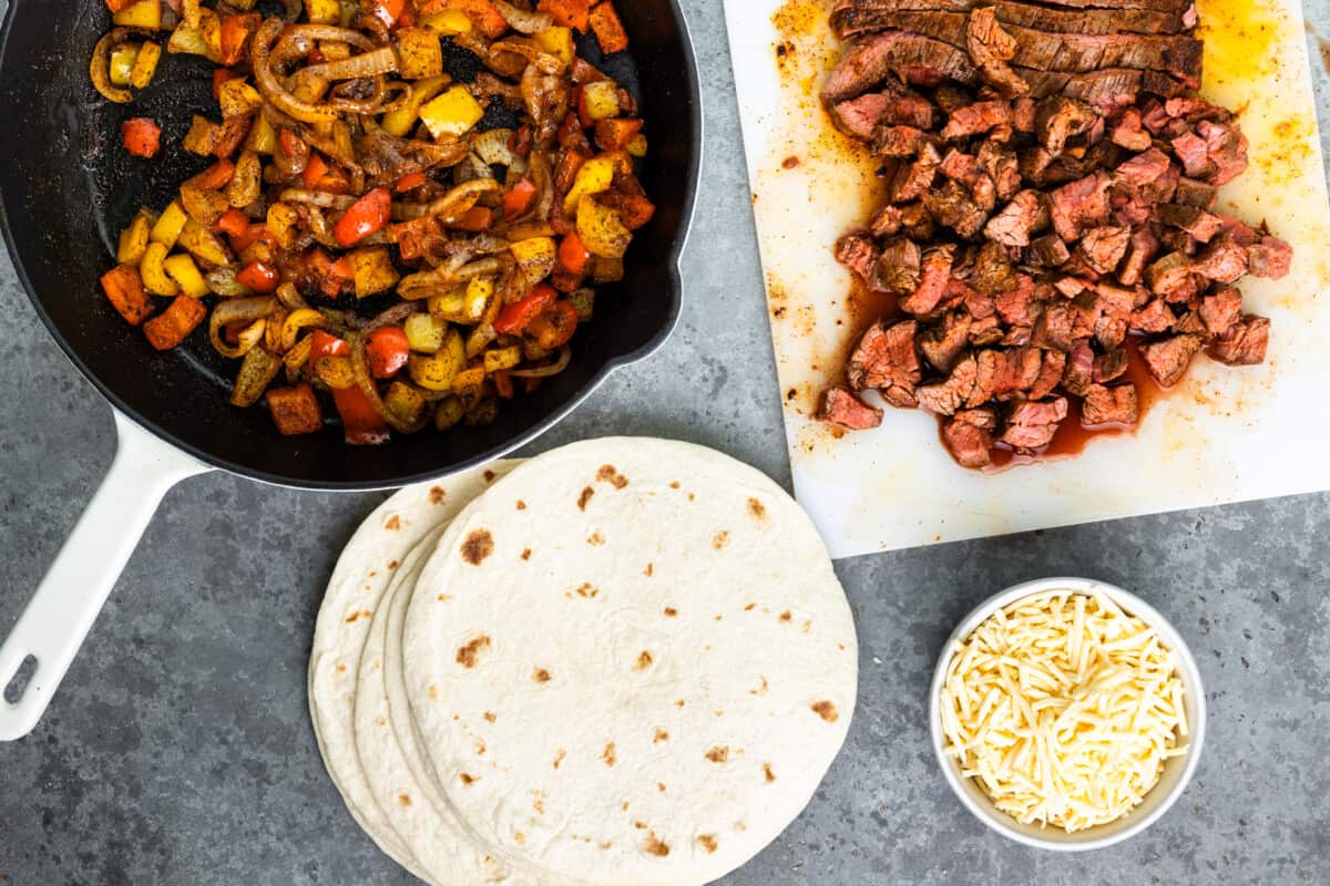 Ingredients needed to make a steak quesadilla.