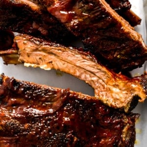 Up close cooked beef rib sliced apart.