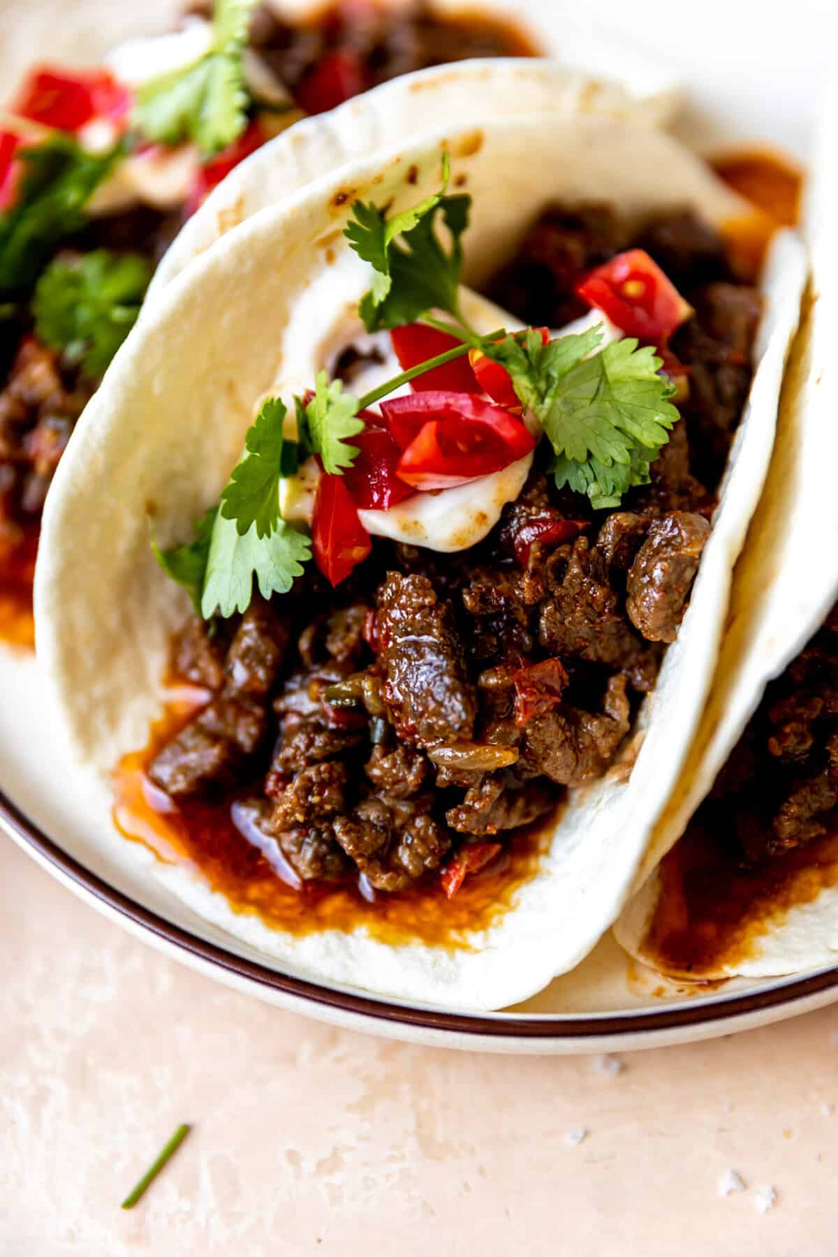 Flour tortilla filled with carne picada and topped with sour cream, diced tomatoes and fresh cilantro. 