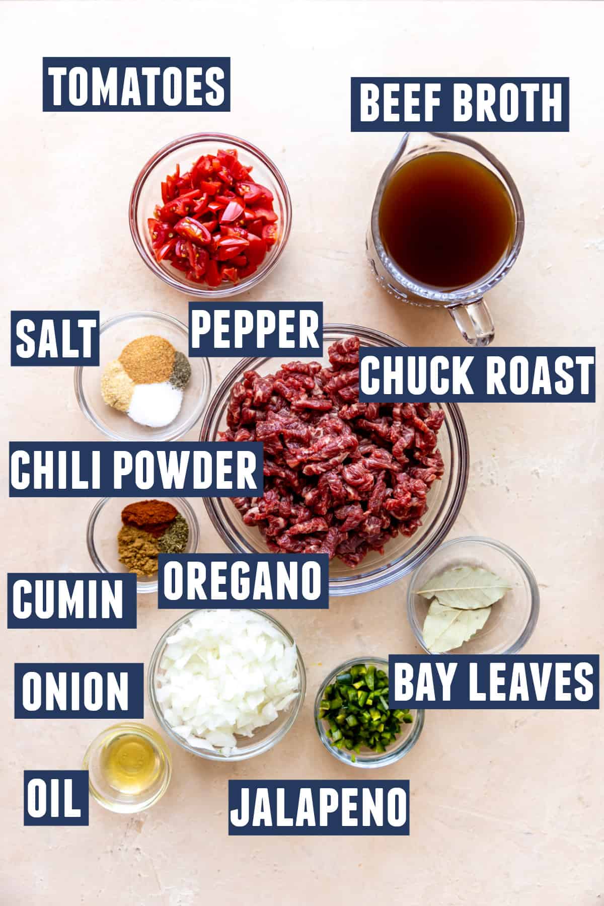 Ingredients needed to make carne picada laid out on the counter. 