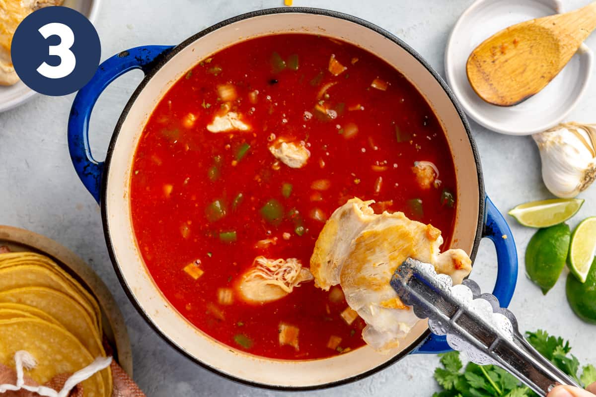 Chicken being added into a dutch oven with a tomato based broth. 