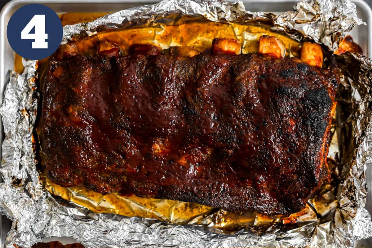 Beef ribs in a foil pouch after cooking in the oven. 