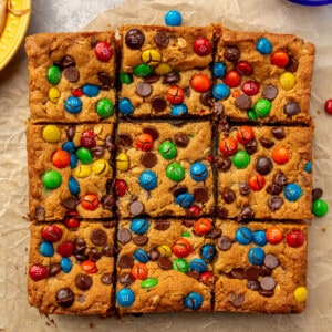 Sliced monster cookie bars ready to serve.
