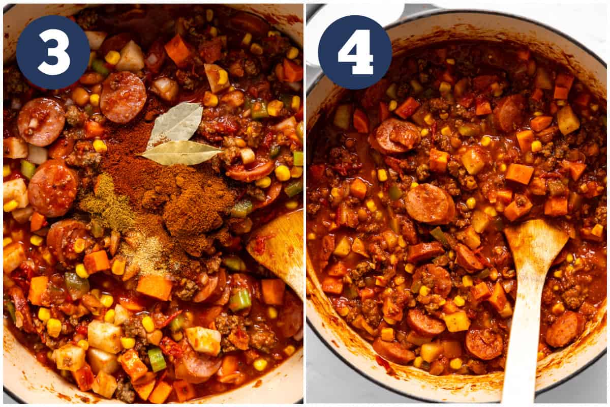 Dutch oven filled with potatoes, meat, and veggies with seasonings being added, and then after cooking.