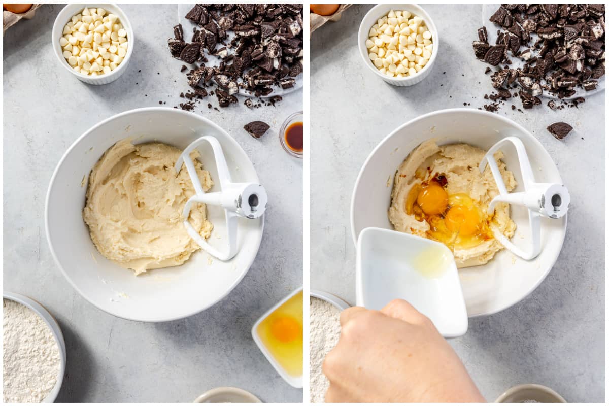 Creamed butter, cream cheese and sugars then adding in egg and vanilla extract. 