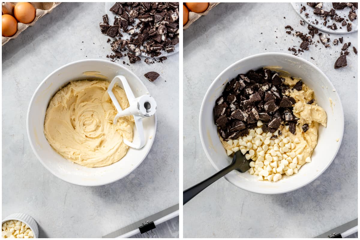 Oreo bar dough mixed then chunks of Oreo cookie and white chocolate chips added to the dough. 