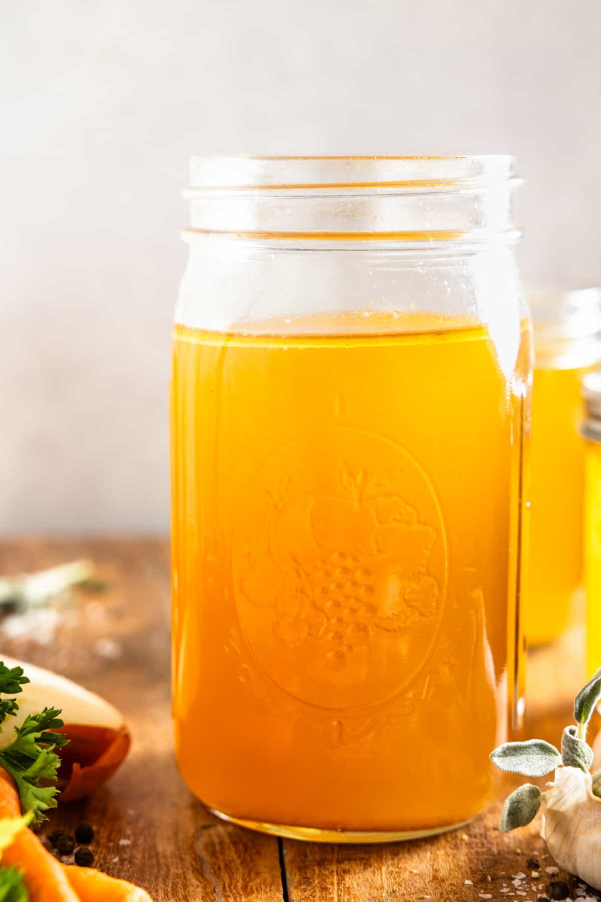Jar filled with turkey bone broth. 
