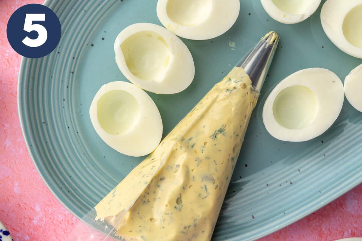 Piping egg yolk mixture into hardboiled eggs to make deviled eggs. 