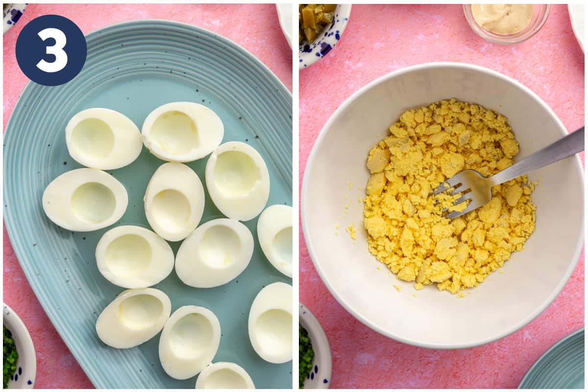 Hardboiled eggs sliced in half and egg yolks mashed in a bowl. 