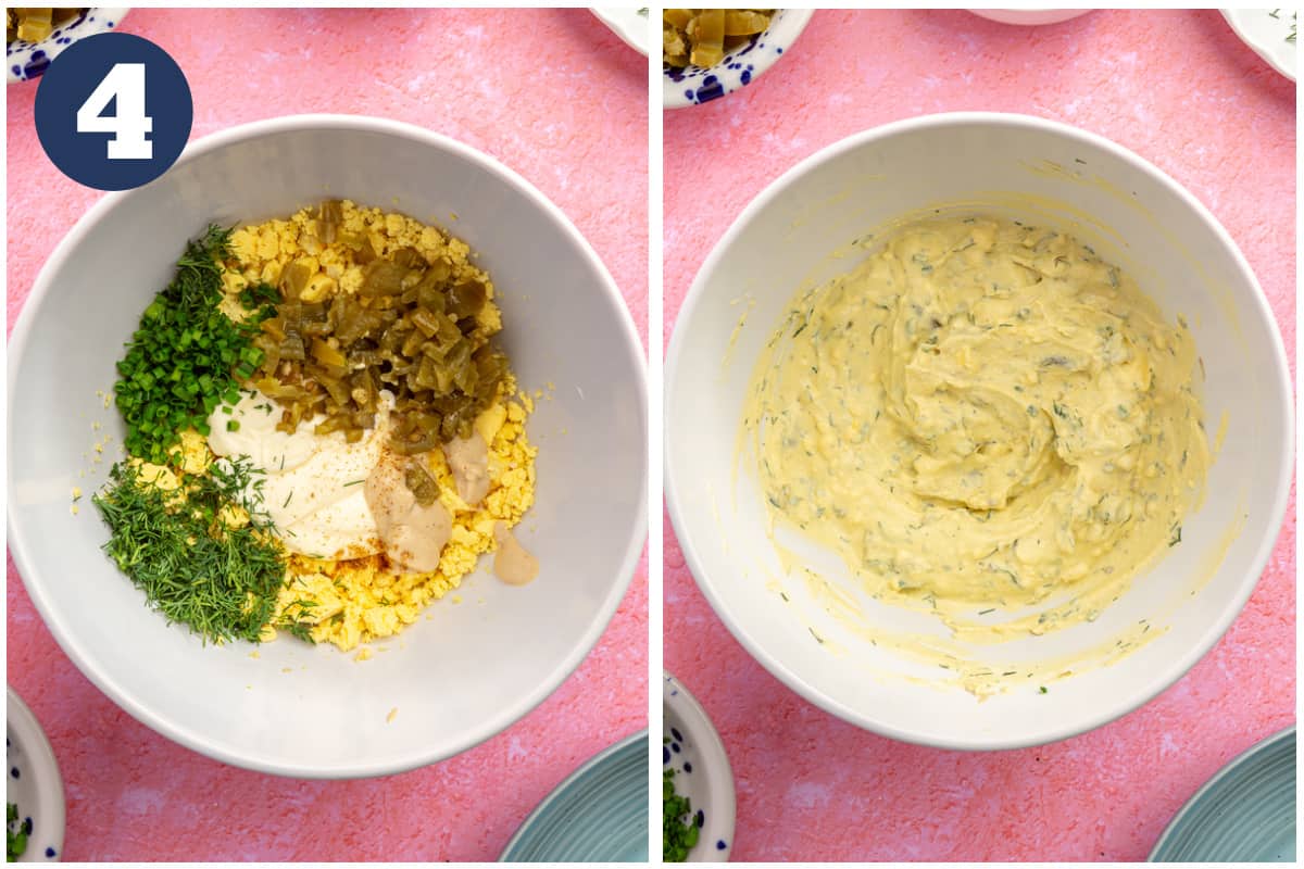 Adding ingredients to hard boiled egg yolk before and after mixing. 