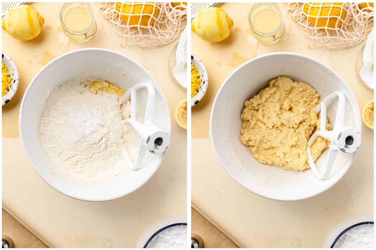 Dry ingredients added to the wet, then mixed together. 