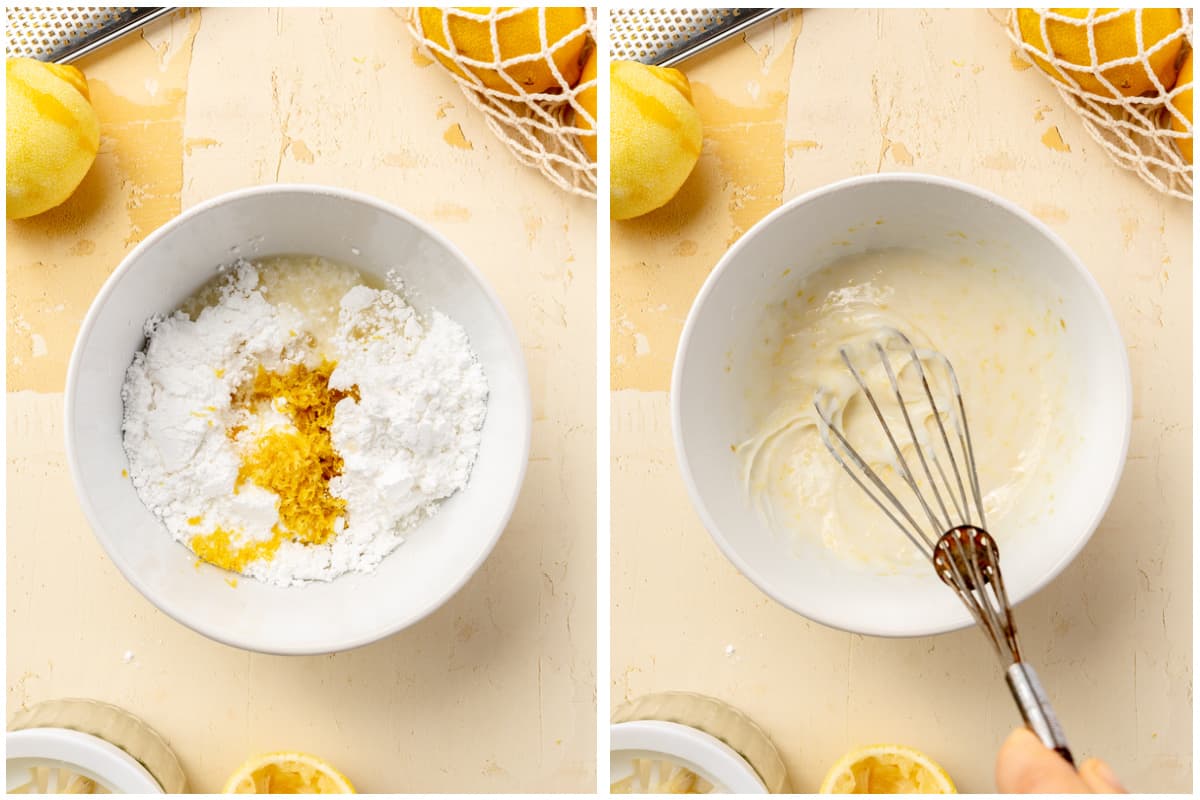 Powdered sugar with lemon juice and zest added then mixed as a glaze. 