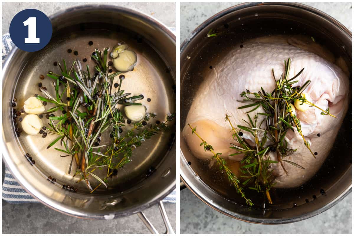 Collage showing making a brine and adding a turkey breast to brine. 
