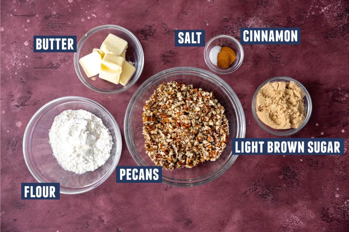 Ingredients needed to make a pecan crumble topping for sweet potato casserole laid out on the counter. 