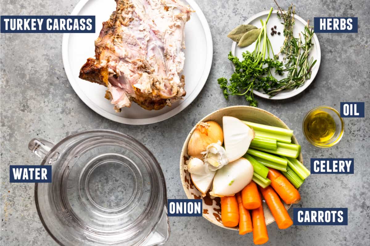 Ingredients needed to make homemade turkey broth laid out on the counter.
