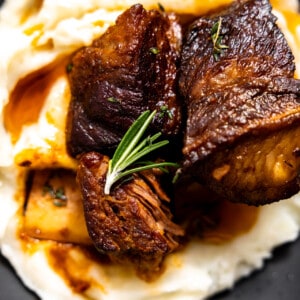 Braised short ribs on mashed potatoes.