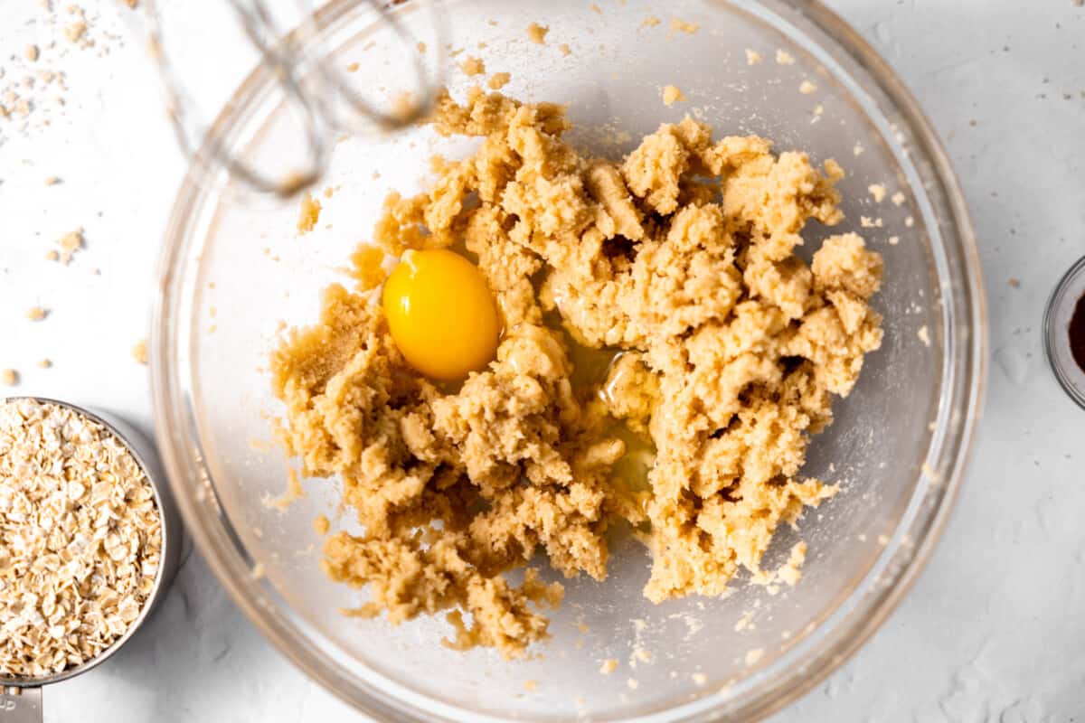 Creamed butter and sugar with egg.