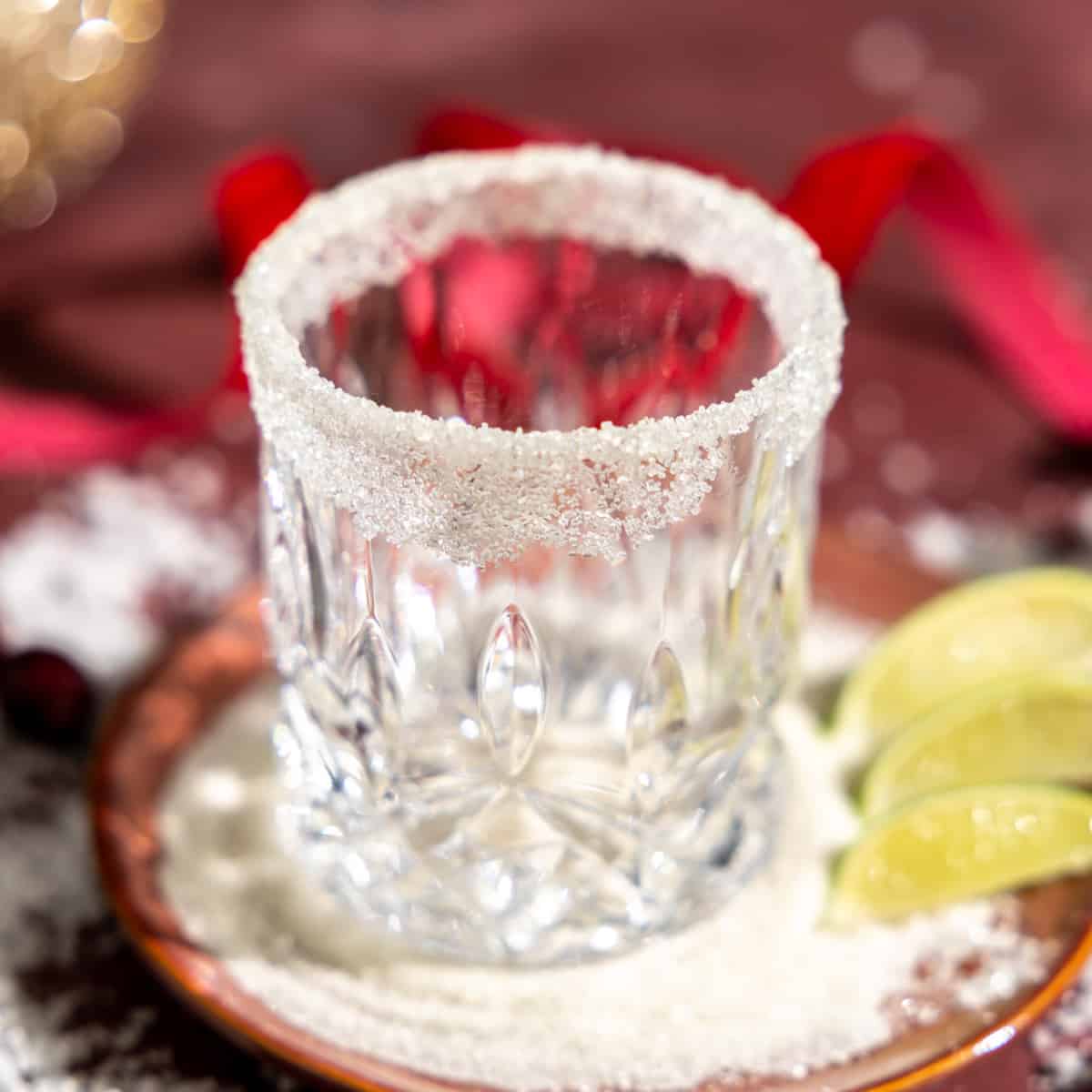 Prepared glass for margarita with a sugared rim.