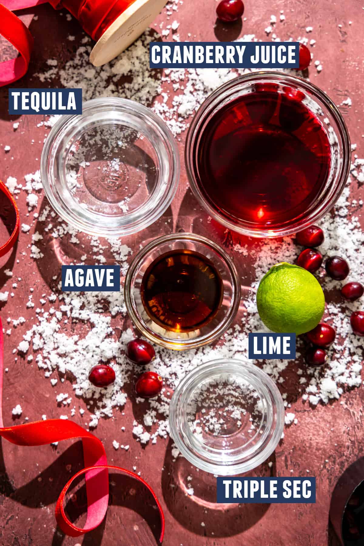Ingredients for making cranberry margaritas.