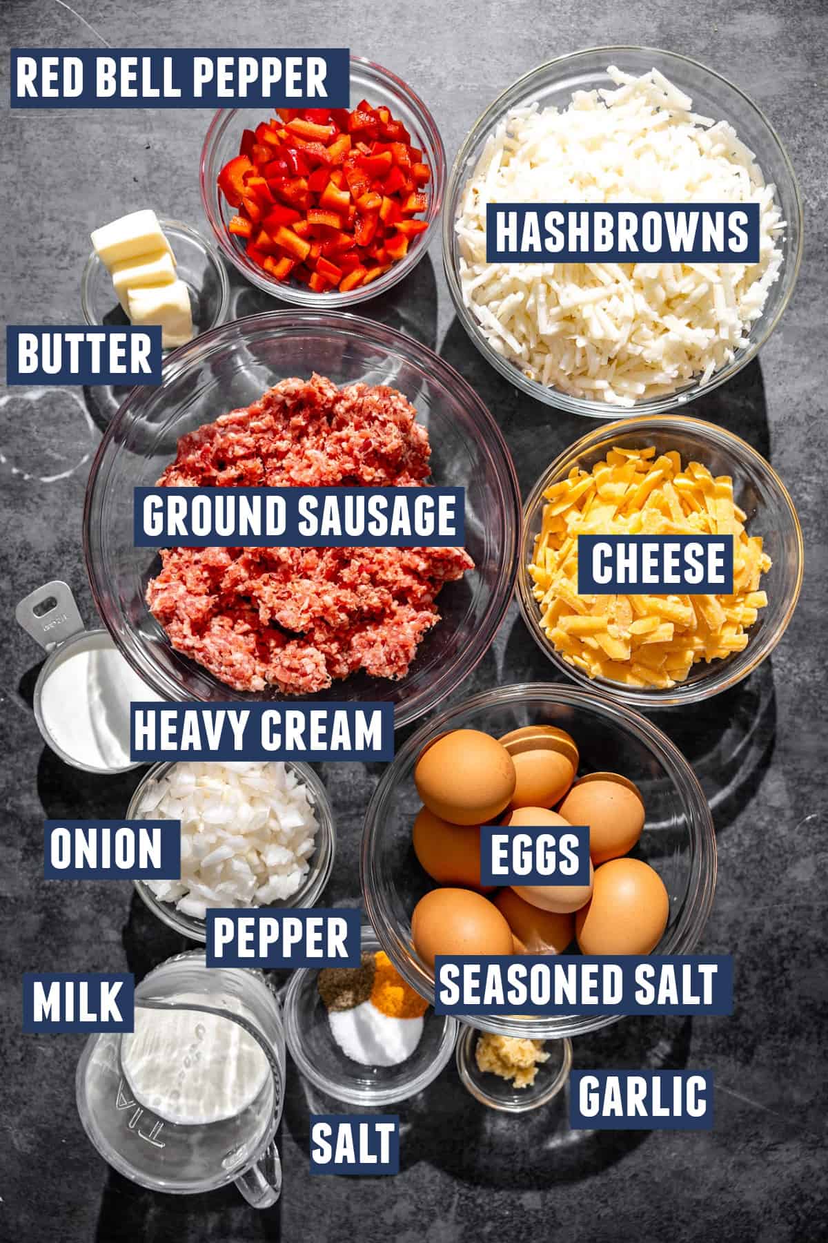 Ingredients for hashbrown breakfast casserole. 