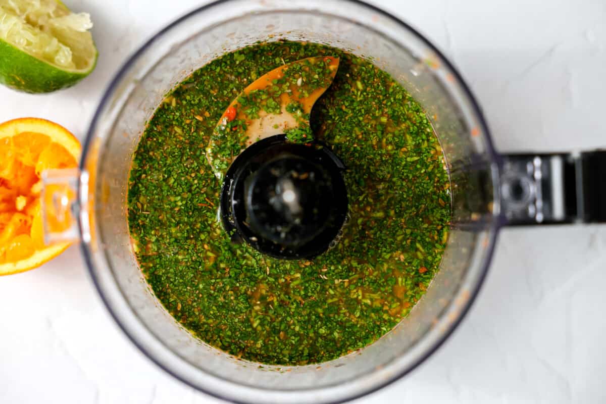 Food processor with pollo asado marinade.