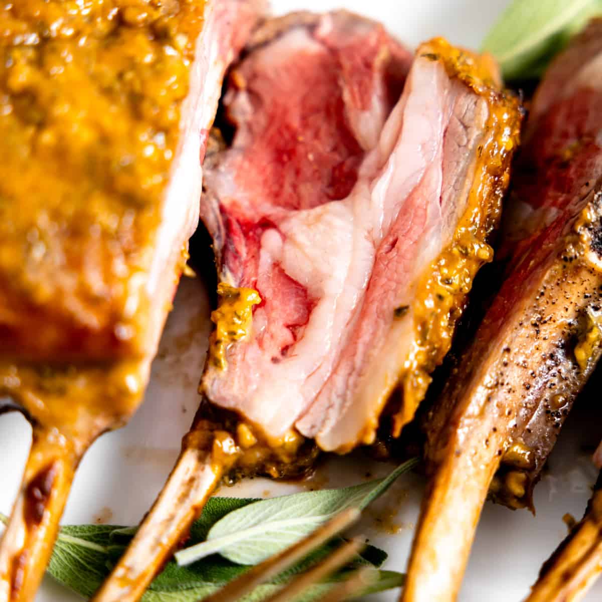 Slice of lamb rib cooked to medium rare. 