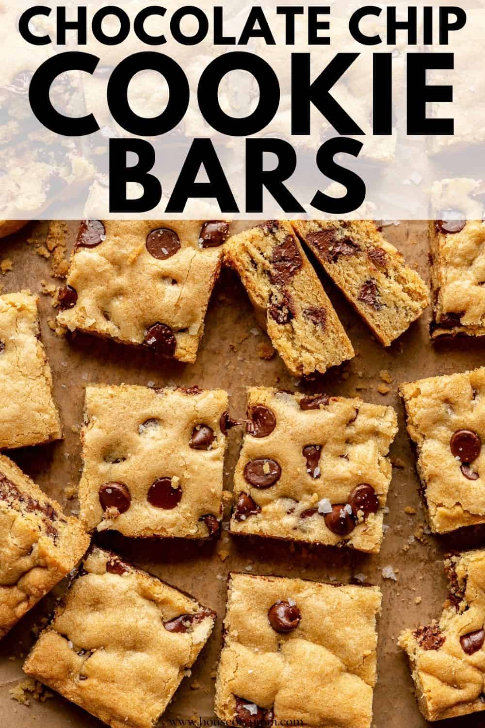Chocolate chip cookie bars with text.