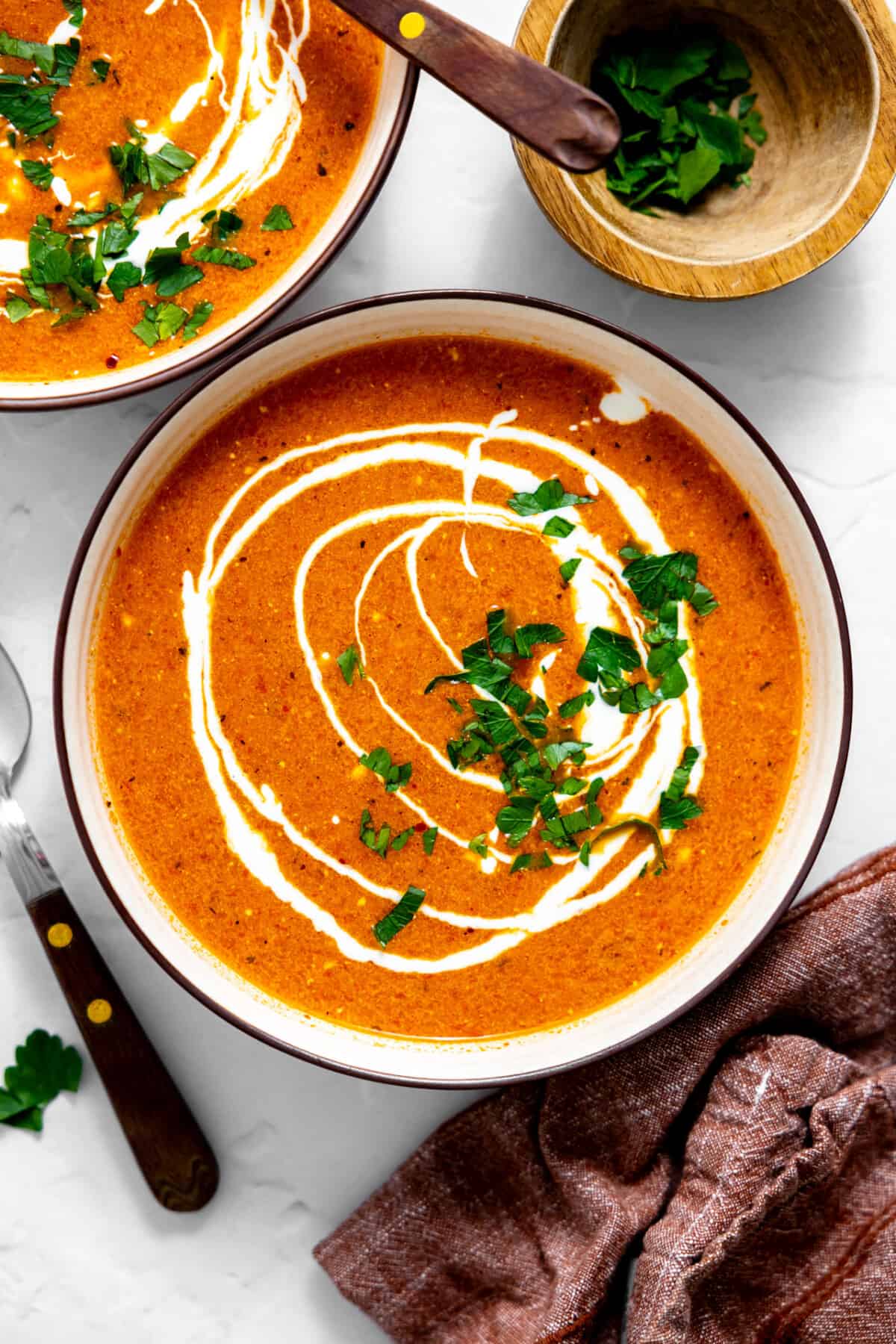 Bowl of roasted red pepper soup.