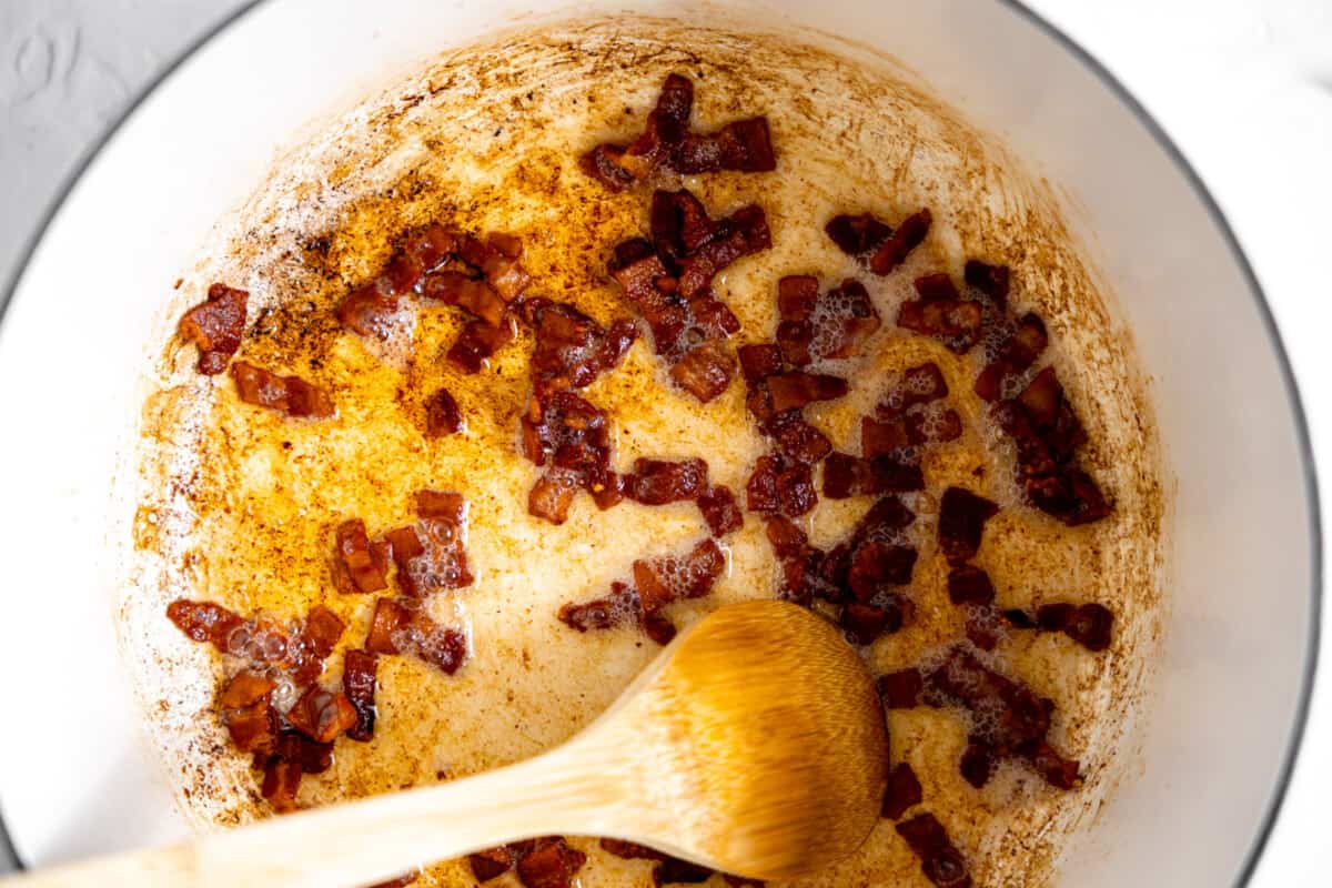 Cooking bacon in a dutch oven.