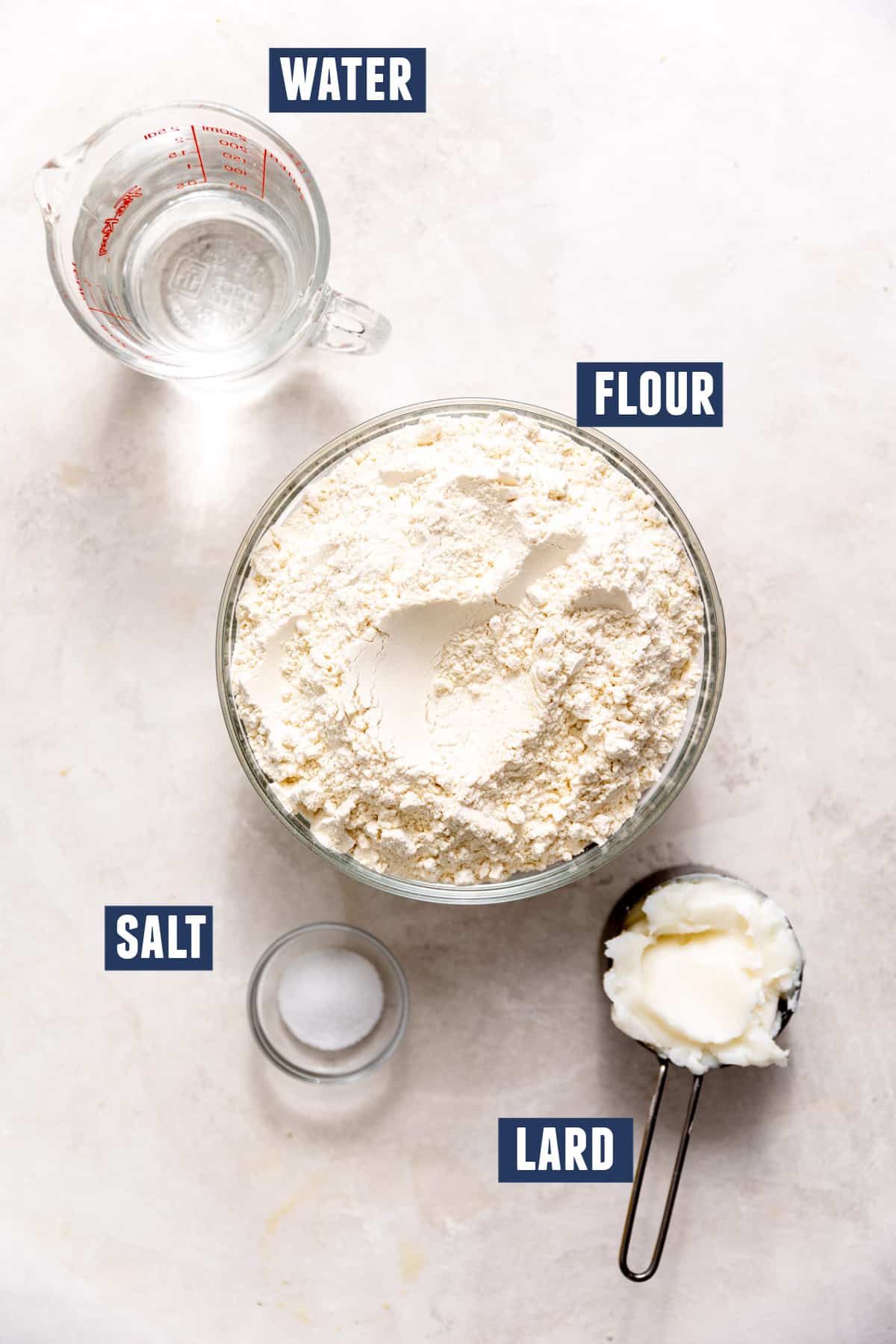 Ingredients needed for homemade flour tortillas. 