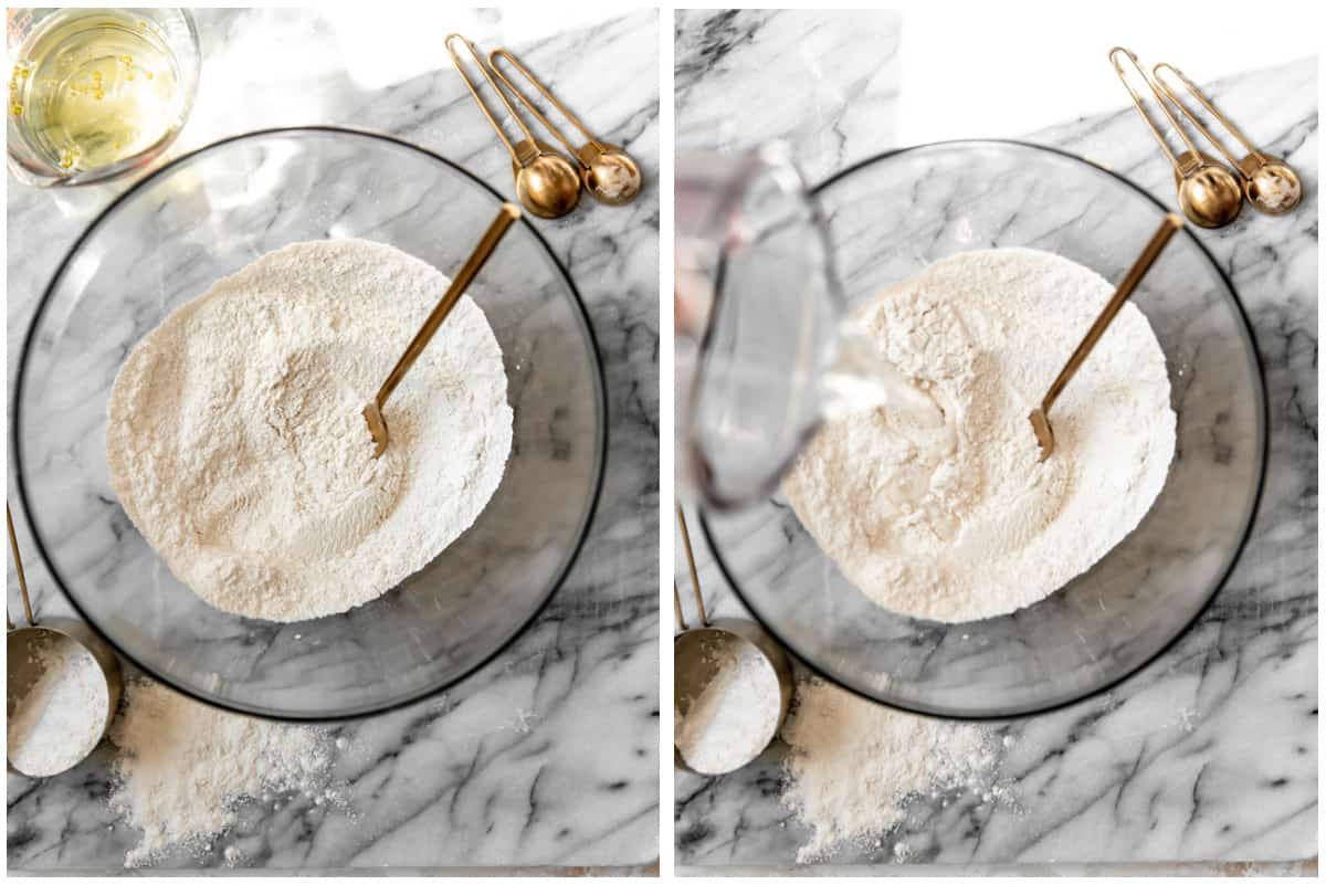 Glass bowl with flour, sugar, salt, and baking powder being added together. Then warm water being poured in. 